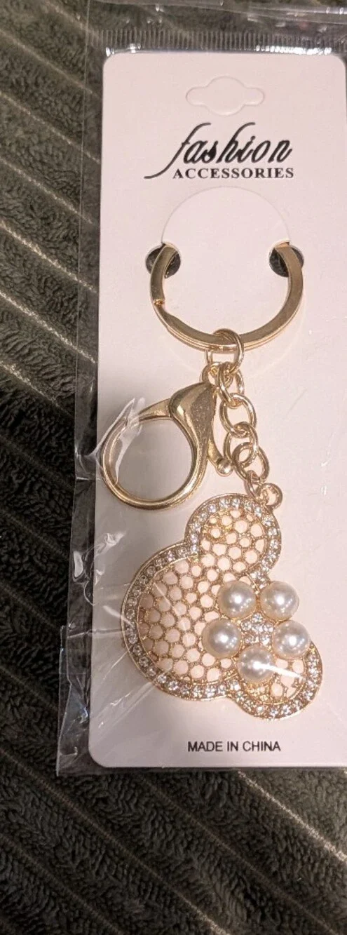 Gold Pearl Accent Keychain Charm - Women Accessories